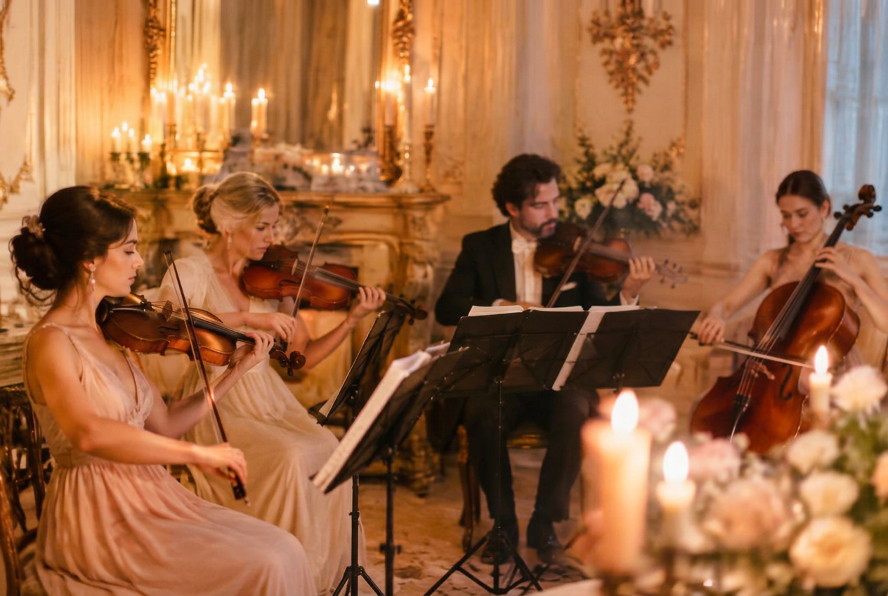 String quartet performing in a candlelit Viennese salon